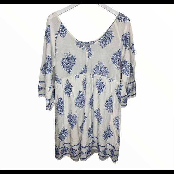 ENTRO Anthropologie Boho Lace Dress With Flowy 3/4 Sleeves Ivory/Blue Sz Medium - Picture 9 of 10